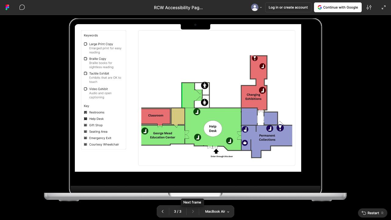 Museum accessibility prototype showing a color-coded sensory map and amenity key