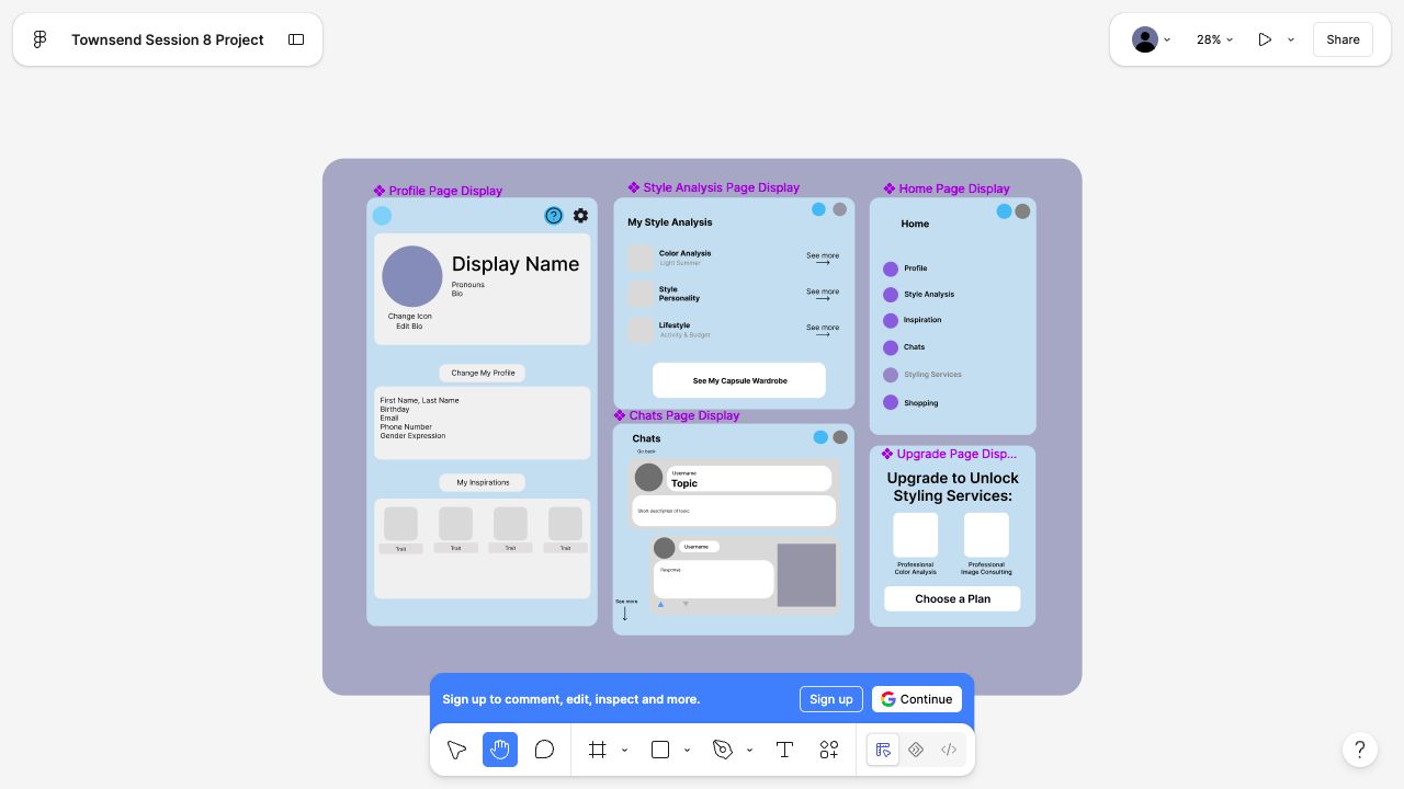 Original styling application design with profile, style analysis, chat and home screens