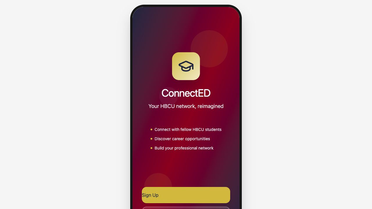 ConnectED mobile prototype welcome screen for HBCU students